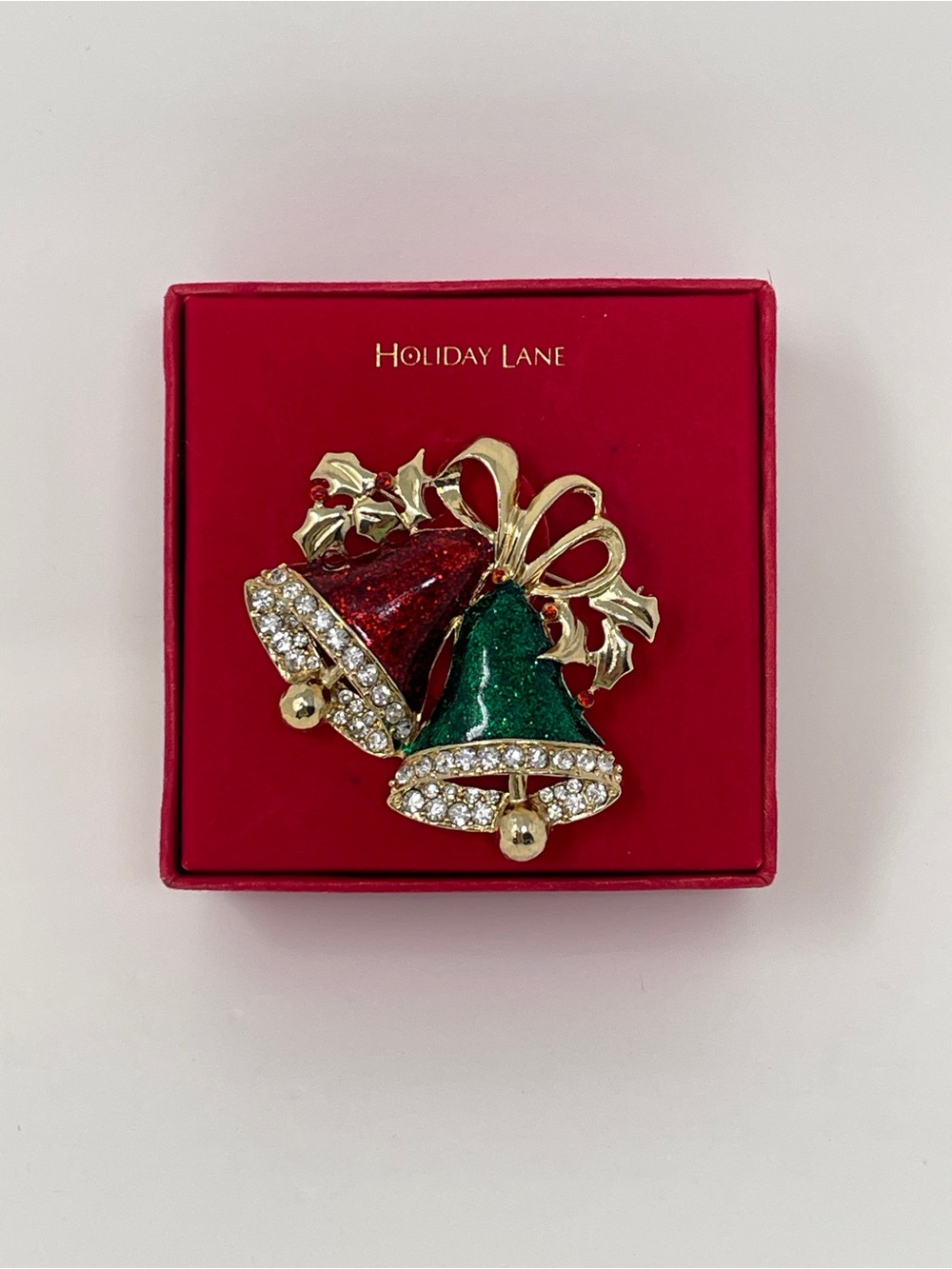 Holiday Lane Double Bell Brooch: Red Green Glitter Enamel, Rhinestone Christmas